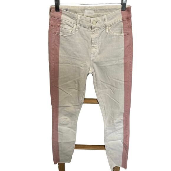 Mother Looker Ankle Fray So Far Gone Jeans Mid Rise White Pink Stripe Size 24 - Picture 3 of 15